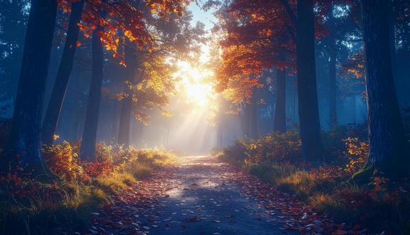 紅葉の森に差し込む夕日 紅葉の森に差し込む夕日の写真
