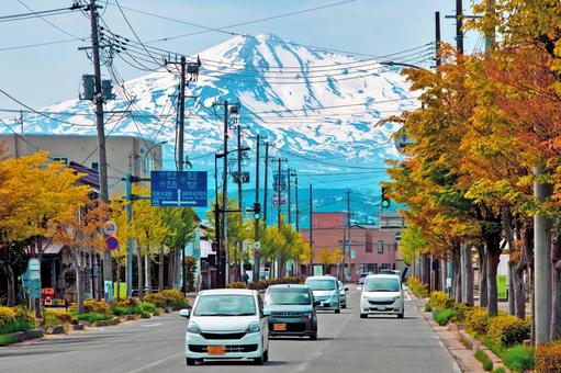 秋田県由利本荘市の街並みを彩る雪山と紅葉 秋田,鳥海山,由利本荘市の写真素材