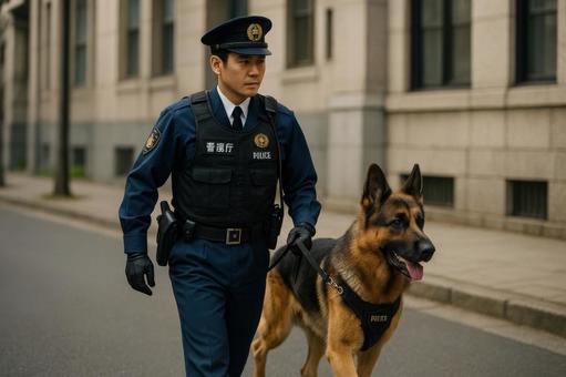 警察犬と歩く警察官 警察犬と歩く警察官の写真