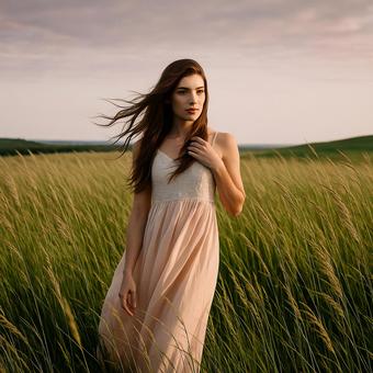 草原を歩くベージュドレスの女性 草原を歩くベージュドレスの女性の写真