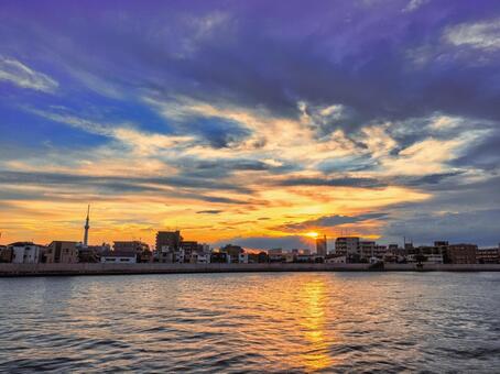 中川越しの夕焼け雲とスカイツリー 中川,夕焼け雲,スカイツリーの写真素材