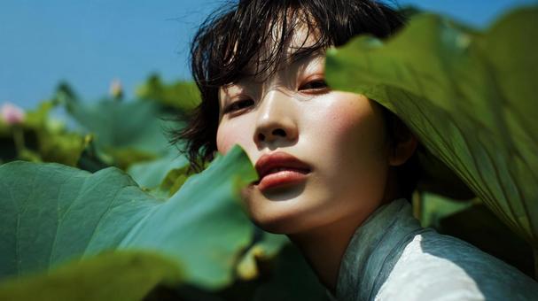 夏の光に包まれて:蓮の葉と女性 夏の光に包まれて:蓮の葉と女性の写真