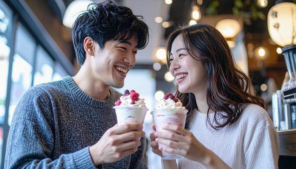 カフェでパフェを楽しむカップル カフェでパフェを楽しむカップルの写真