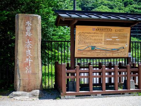 Stone monument and signboard in Narai-juku, JPG