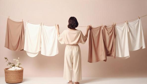 洗濯物を干す女性 洗濯物を干す女性の写真