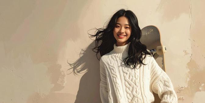 スケートボードと女性 スケートボードと女性の写真