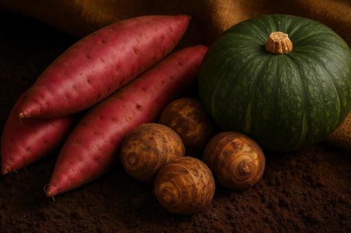 秋野菜の収穫風景・栗かぼちゃとさつまいも 秋野菜の収穫風景・栗かぼちゃとさつまいもの写真