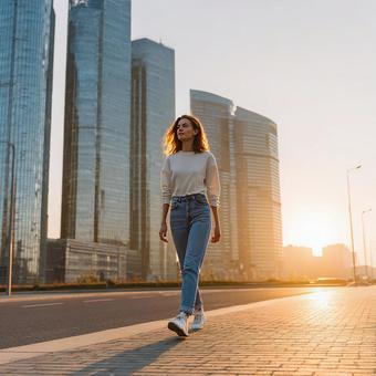 夕日に包まれて都会を歩く女性 夕日に包まれて都会を歩く女性の写真