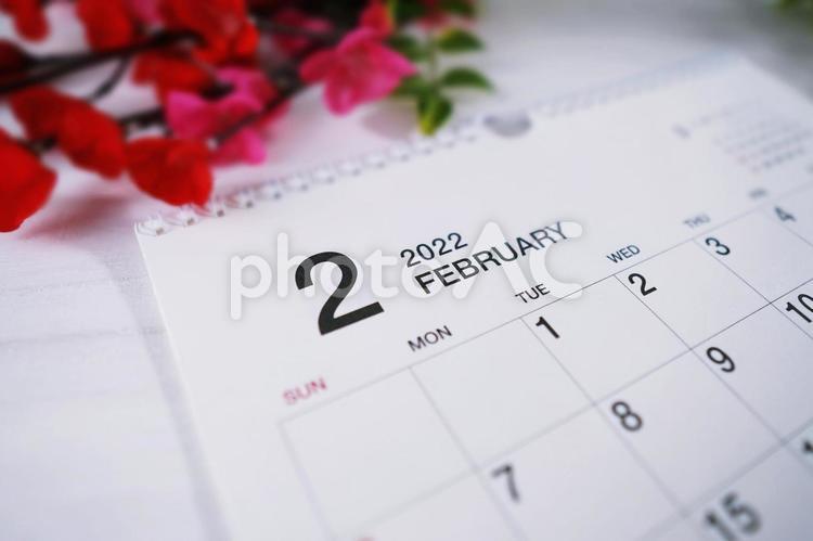 2022年2月のカレンダーのアップと梅の花 2022年,2022,2月の写真素材
