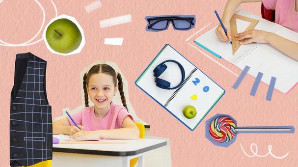 勉強する女の子とりんごなどのコラージュ 女の子,子ども,人物の写真素材