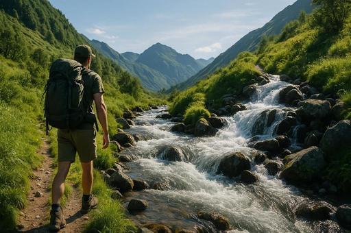 渓流沿いを歩く登山者の写真
