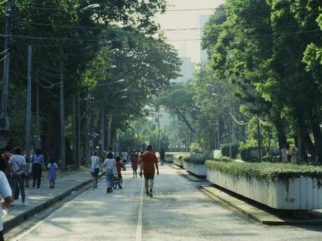 日が傾き始めた公園の道路を歩く人々 風景,人物,屋外の写真素材