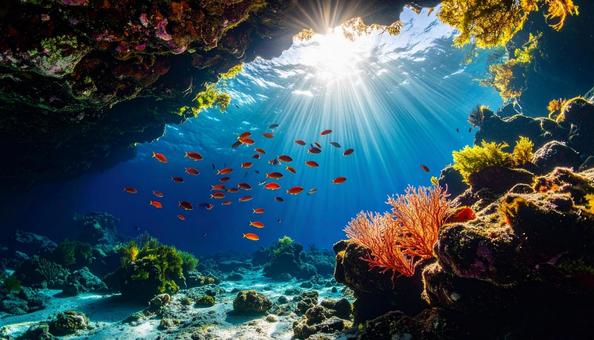 海中から見た岩場に泳ぐ熱帯魚 海中から見た岩場に泳ぐ熱帯魚の写真