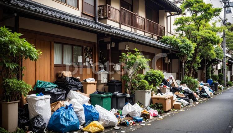 家の前にゴミが溢れる下町のゴミ屋敷 ゴミ屋敷,溢れる,散乱の写真素材