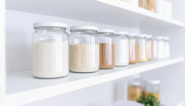 棚に収納されたパウダー類 棚に収納されたパウダー類の写真