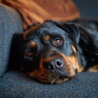 革のソファで安らぐ犬 革のソファで安らぐ犬の写真