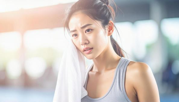 汗を拭く女性 汗を拭く女性の写真