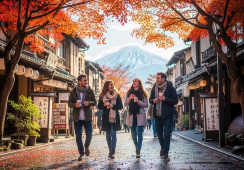 秋の旅先で楽しむ若者たち 秋の旅先で楽しむ若者たちの写真