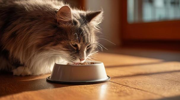 朝の光に包まれた猫の食事タイム 朝の光に包まれた猫の食事タイムの写真