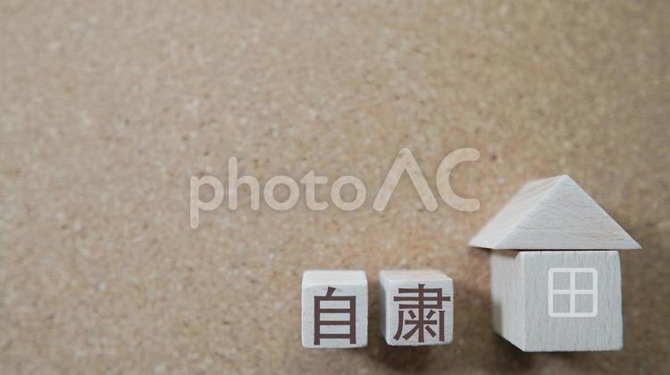 自粛、積み木の家、メッセージのコルクボードとコピースペース 自粛,要請,家の写真素材