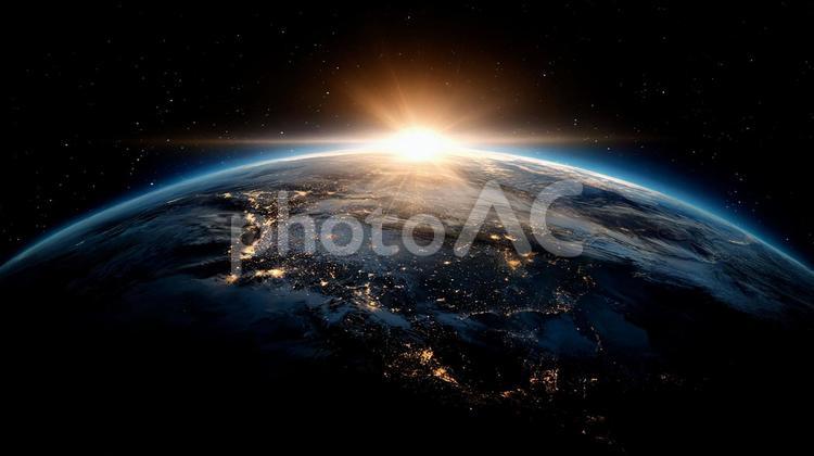地平線から昇る太陽と輝く地球 地球,宇宙,太陽の写真素材