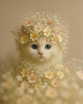 花びらをまとった長毛白猫2 花びらをまとった長毛白猫2の写真