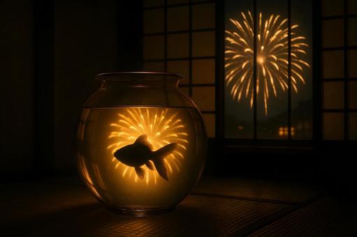 窓辺に映る花火と金魚 窓辺に映る花火と金魚の写真
