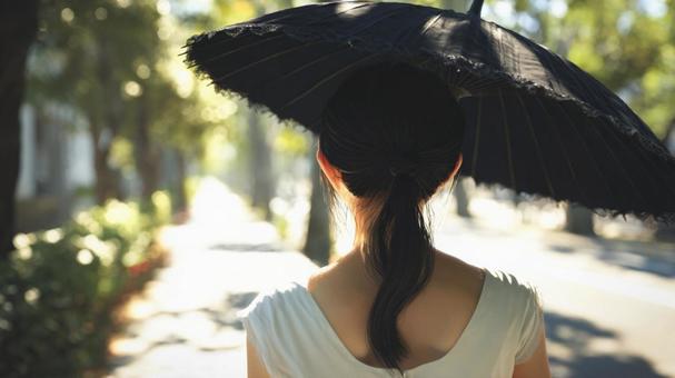 日傘をさして歩く女性の後ろ姿 日傘をさして歩く女性の後ろ姿の写真