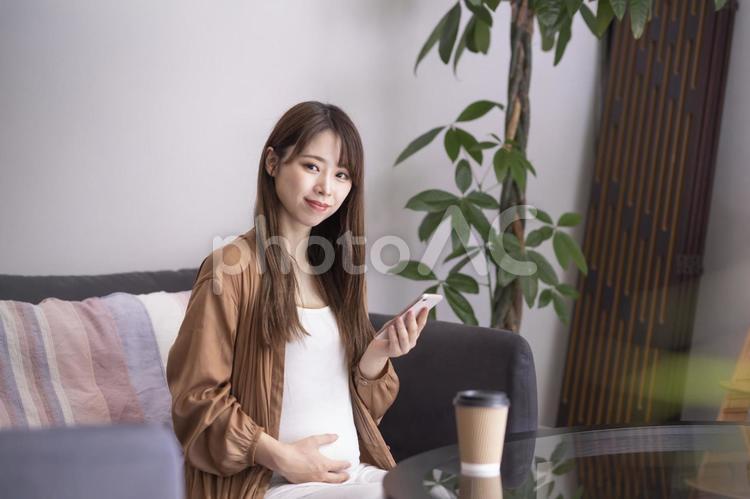 スマートフォンを使う妊婦 妊婦,妊娠,スマートフォンの写真素材