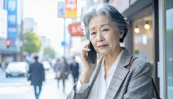 困った表情で電話する高齢者 困った表情で電話する高齢者の写真