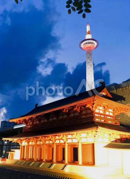 京都タワーと夕暮れの駅前ライトアップ 京都,京都タワー,ライトアップの写真素材
