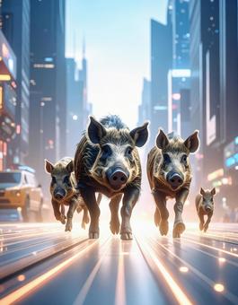 子年フォト・未来都市を生きるイノシシの写真