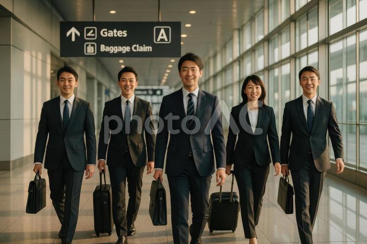 空港を歩く日本人ビジネスマンのグループ 飛行機,空港,ビジネスマンの写真素材