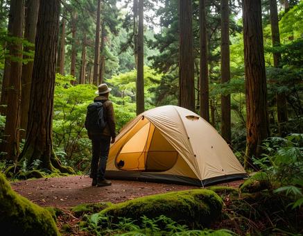 森のなかでキャンプをする男性 森のなかでキャンプをする男性の写真