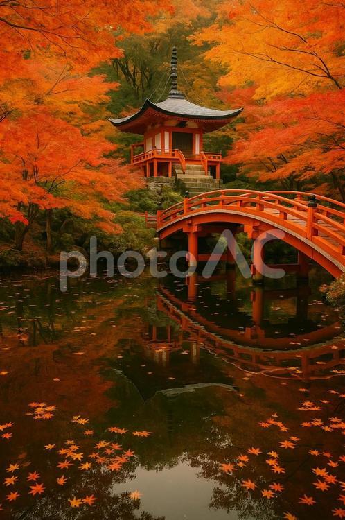 日本庭園の秋の風景 紅葉,秋,家の写真素材