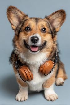 ヘッドホンをつけて座る可愛いコーギー犬 ヘッドホンをつけて座る可愛いコーギー犬の写真