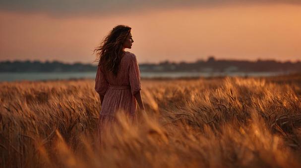 夕暮れの広がる麦畑 夕暮れの広がる麦畑の写真