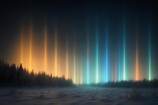 冬の夜空を照らす光の柱、神秘的な光柱現象の写真