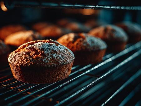 焼きたての香ばしいマフィンが膨らむ瞬間 焼きたての香ばしいマフィンが膨らむ瞬間の写真