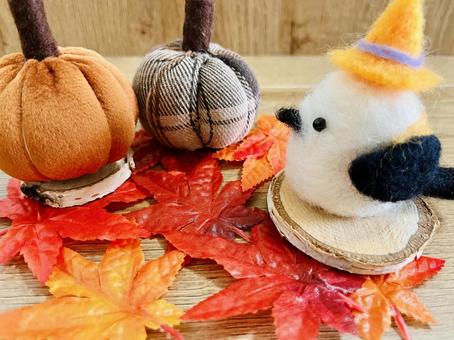 Autumn leaves and wool felt long-tailed tit, JPG