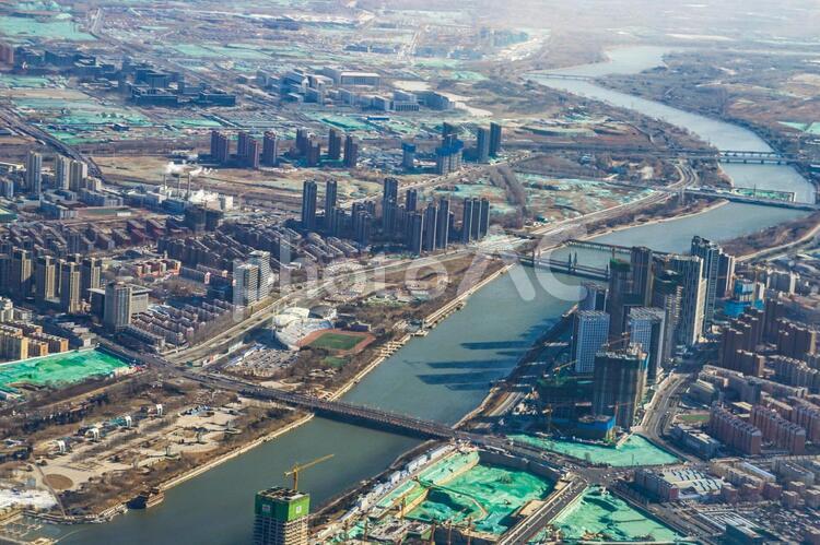 飛行機から見える中国・北京の住宅街 中国,北京,マンション群の写真素材