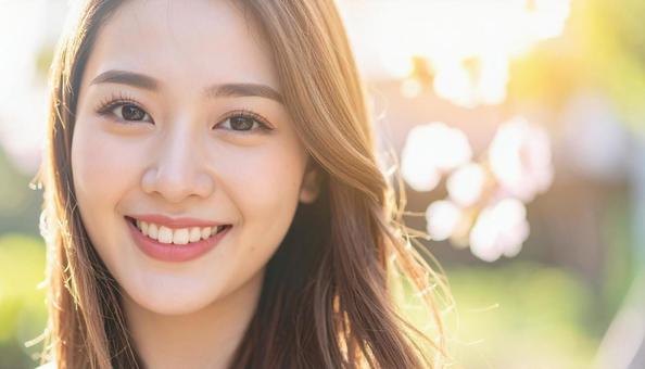 屋外で笑顔をみせる若い女性 屋外で笑顔をみせる若い女性の写真