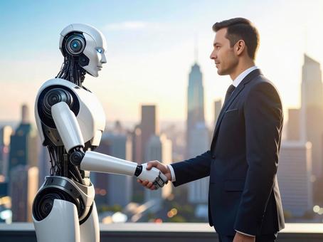 二足歩行ロボットと握手をしている男性 二足歩行ロボットと握手をしている男性の写真