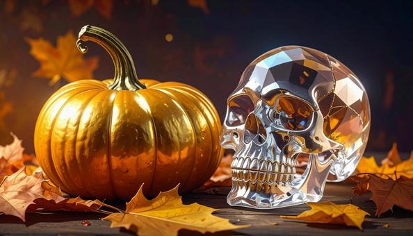 クリスタルスカルヘッドとゴールドカボチャの写真