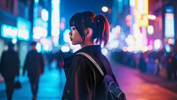 夜の街でなにかに目が留まった若い女性 夜の街でなにかに目が留まった若い女性の写真