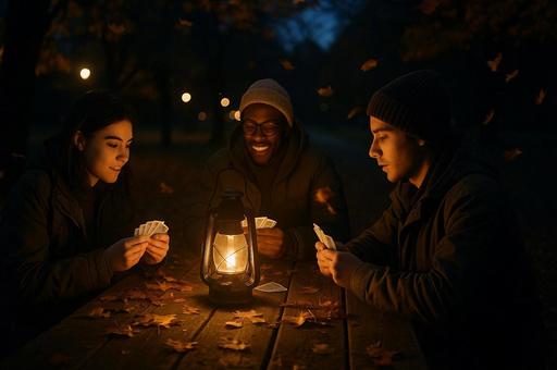 秋夜の公園のランプとカード遊び 秋夜の公園のランプとカード遊びの写真