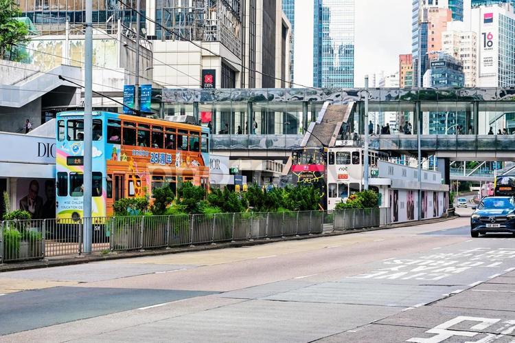 香港・二階建てトラム 香港,トラム,路面電車の写真素材