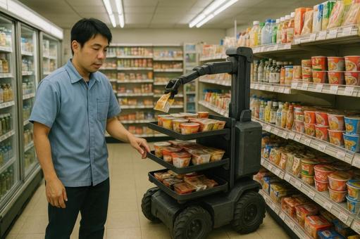 店舗で商品を補充するロボット 店舗で商品を補充するロボットの写真