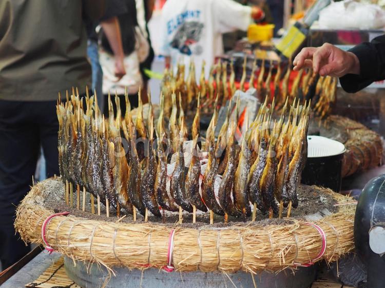 鮎の塩焼きを作り中 鮎,鮎の塩焼き,塩焼きの写真素材