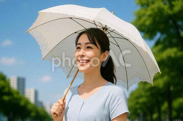 夏の紫外線対策をする日傘の女性 uv対策,紫外線対策,夏の写真素材